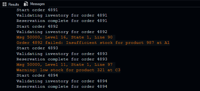 SQL Shades Dark Colorblind — messages and errors (Normal Vision)