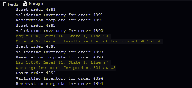 SQL Shades Dark Colorblind — messages and errors (Simulated Color Blindness)