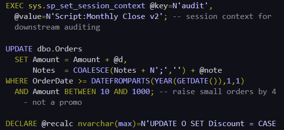 SQL Shades Dark Colorblind — syntax highlighting (Simulated Color Blindness)